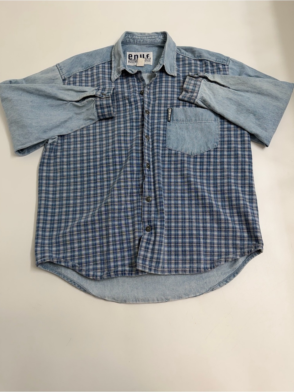 Vintage ENUF Internationale Denim Plaid Colorblock Button Shirt USA Made M
